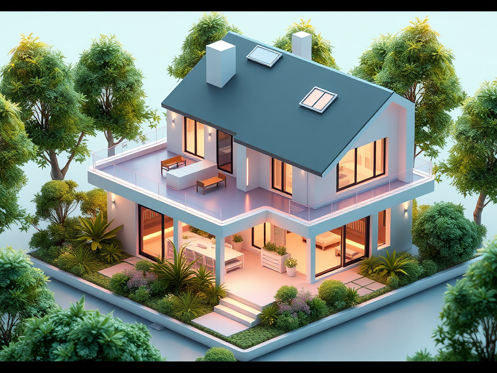 Een modern 3D-model van een huis omringd door groen.