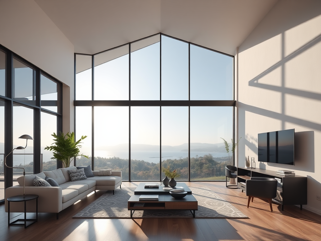 Moderne woonkamer met grote ramen en elegant meubilair.