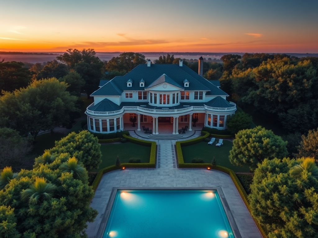 Luchtfoto van een elegant huis met zwembad en tuin.
