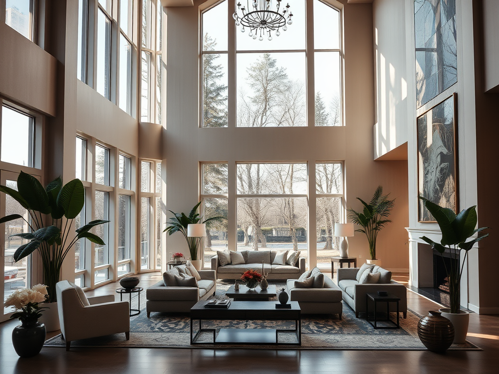 Luxe woonkamer met hoge plafonds en grote ramen.