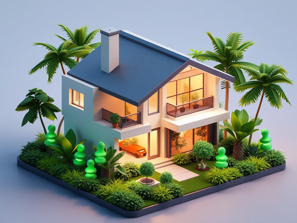 Een modern 3D-model van een huis omringd door groen.