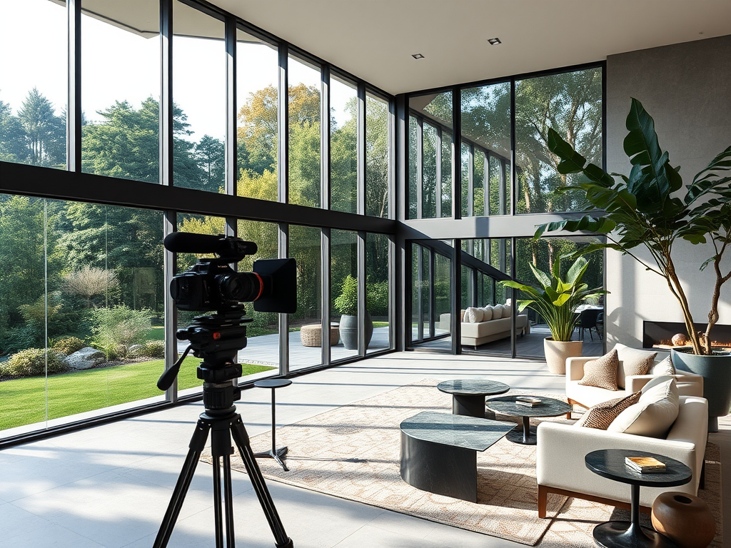Een moderne woning met grote ramen en elegante inrichting.