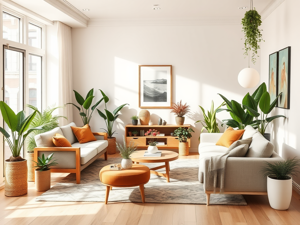 Een gezellige woonkamer met moderne meubels en planten.