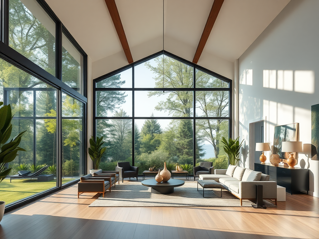 Moderne woonkamer met grote ramen en elegant interieur.