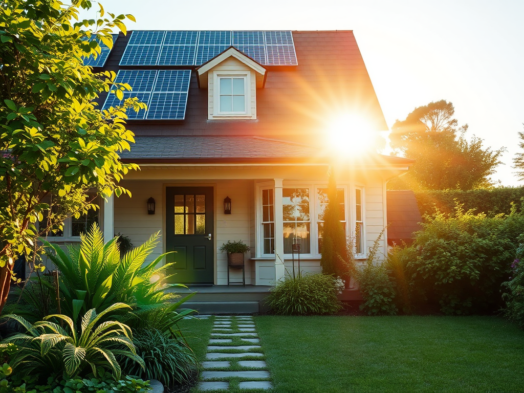 Een huis met zonnepanelen, een groene tuin en zonlicht.