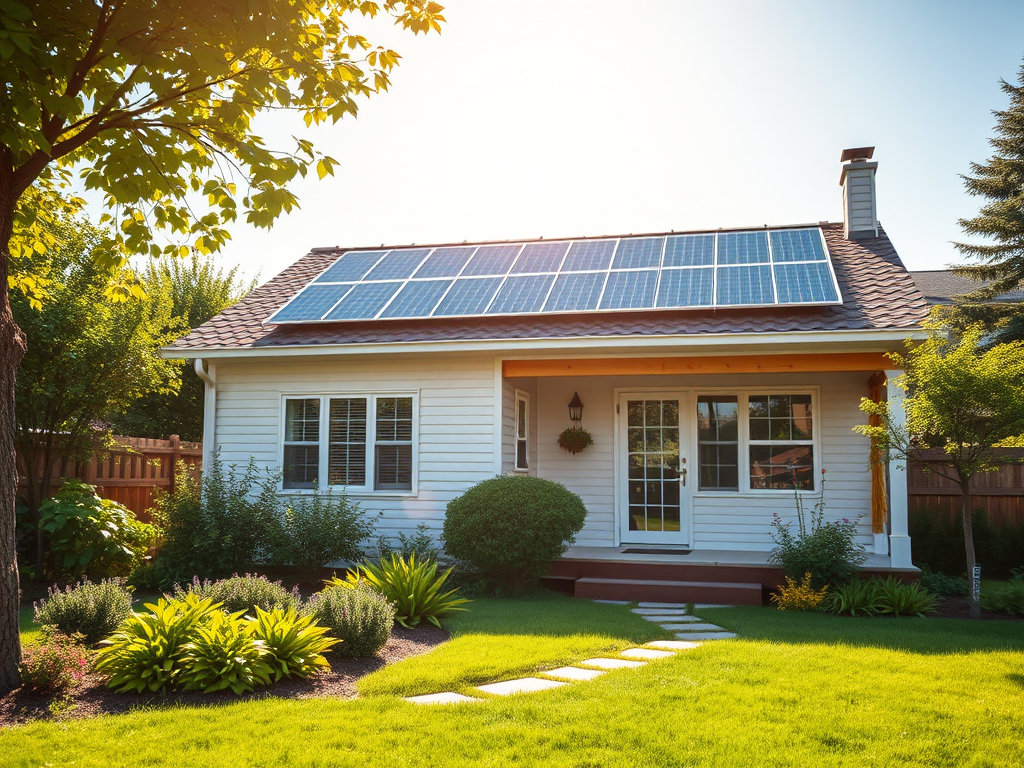 Rustiek huis met zonnepanelen en een groene tuin.