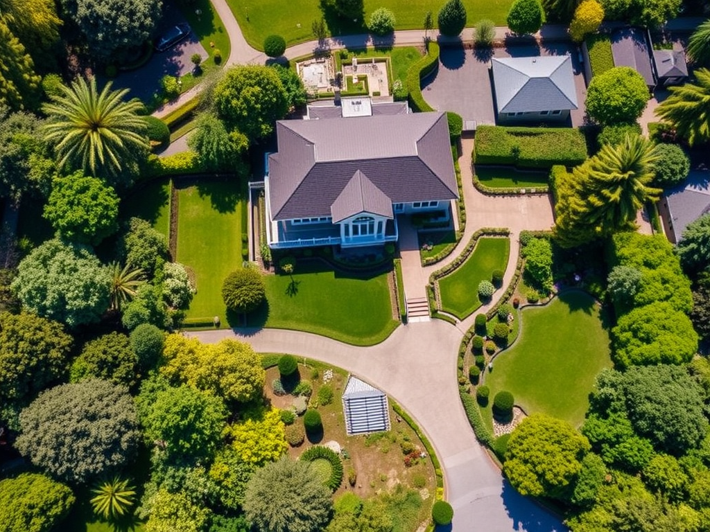 Luchtfoto van een prachtig terrein met tuinen.