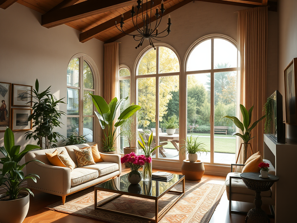 Een gezellige woonkamer met elegante meubels en planten.