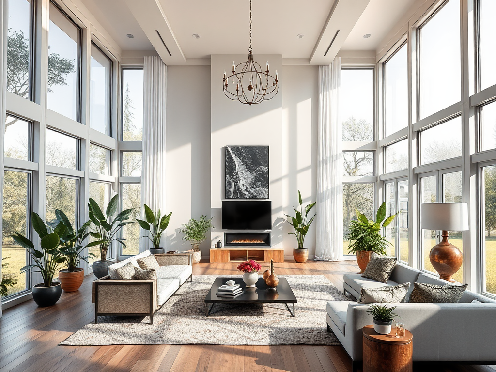 Luxe woonkamer met hoge plafonds en grote ramen.
