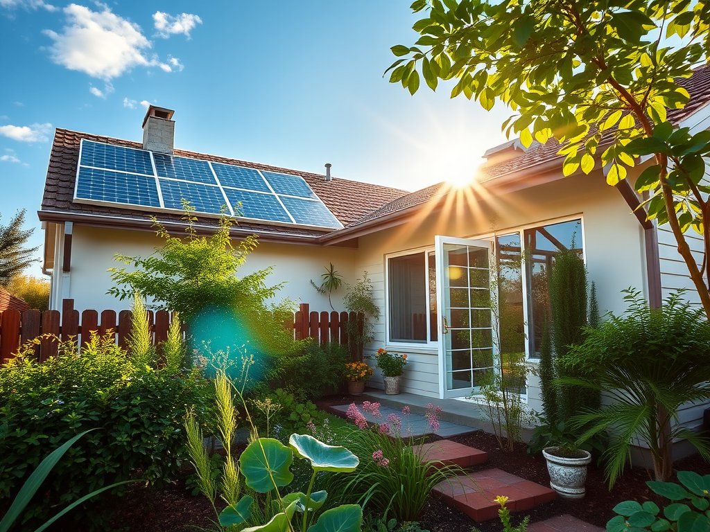 Een serene woning met zonnepanelen en een groene tuin.