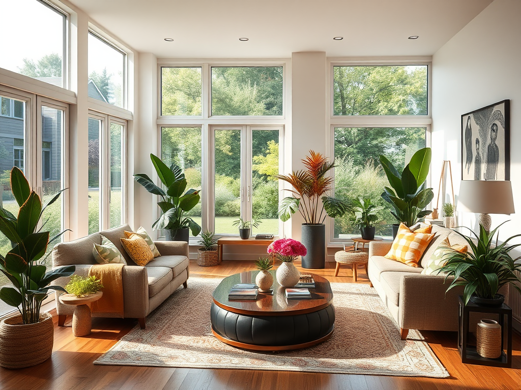 Gezellige woonkamer met elegant meubilair en planten.
