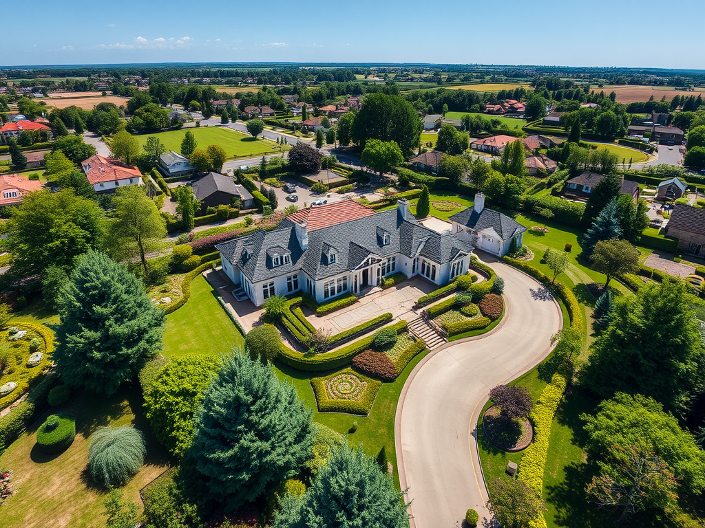 Luchtfoto van een prachtig pand met tuinen.