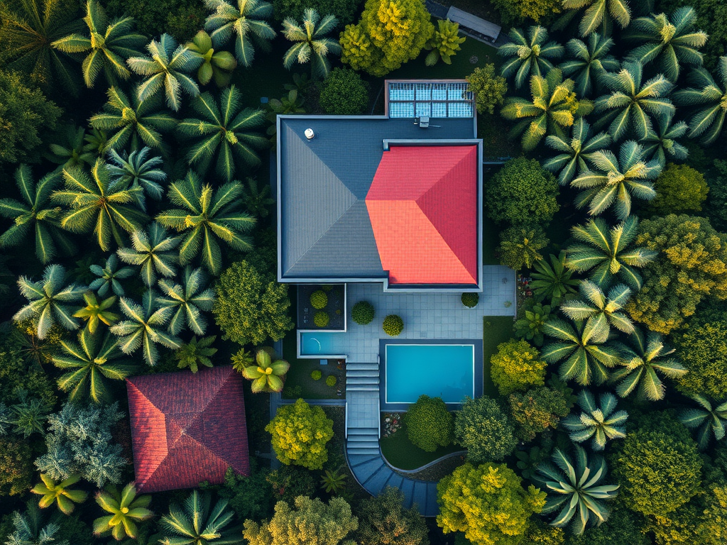 Luchtfoto van een modern huis omgeven door groen.