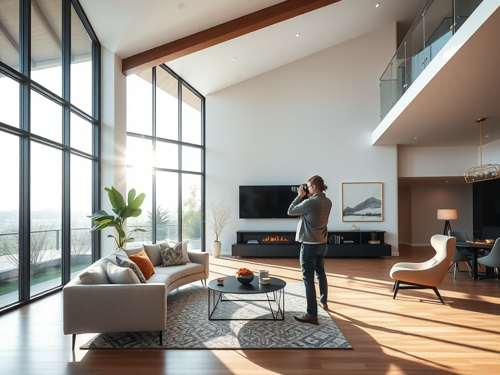 Een fotograaf vastgelegd in een moderne, lichte woonkamer.