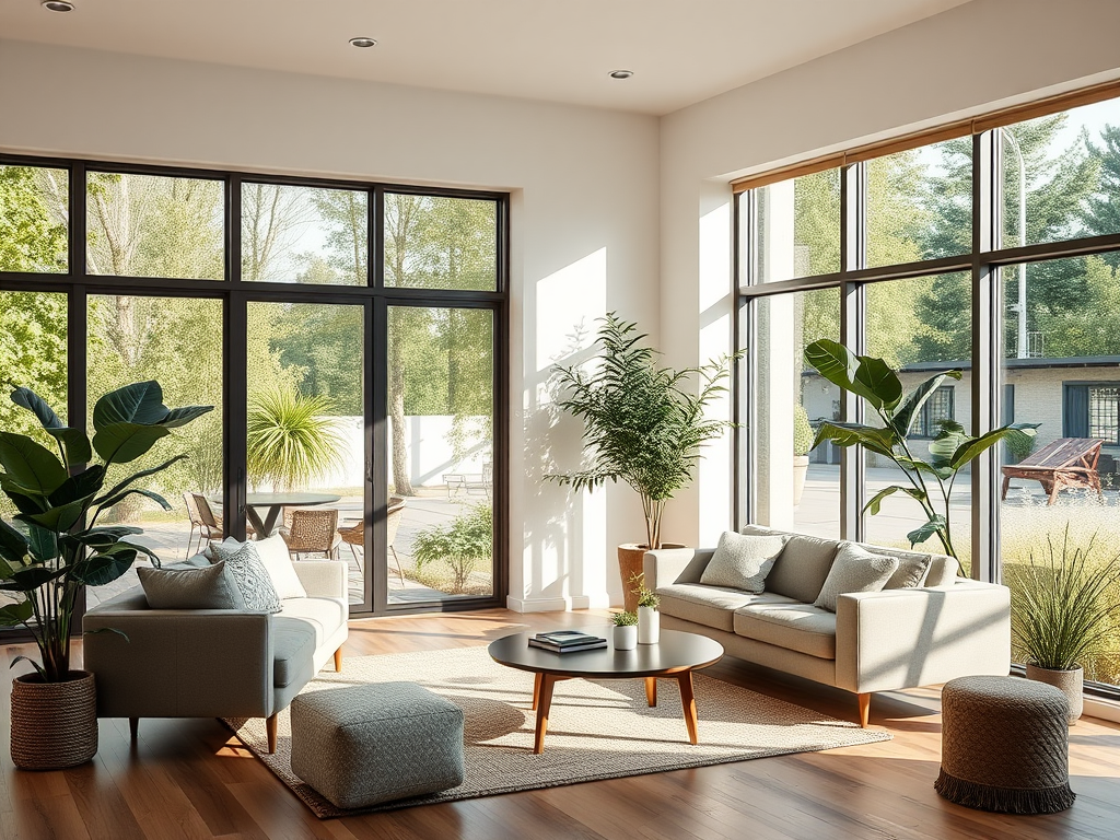 Een gezellige woonkamer met moderne meubels en veel licht.