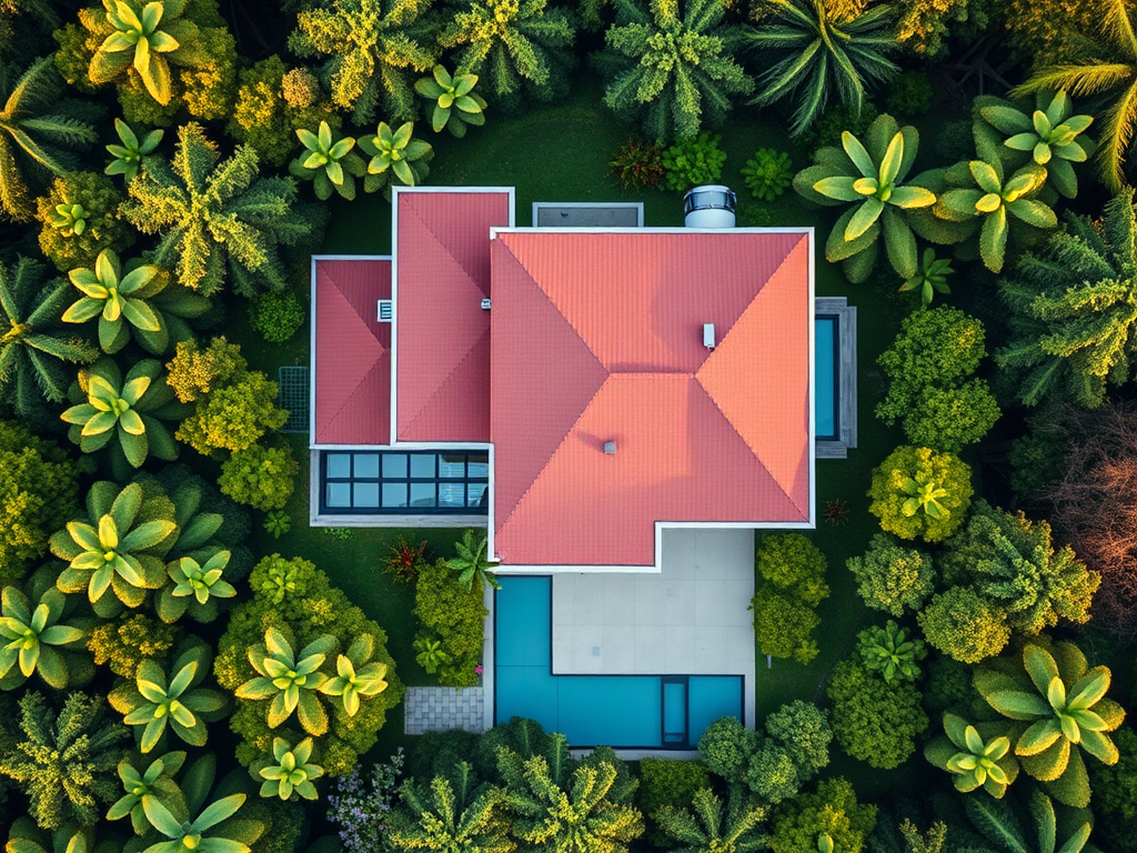 Luchtfoto van een modern huis omringd door groen.