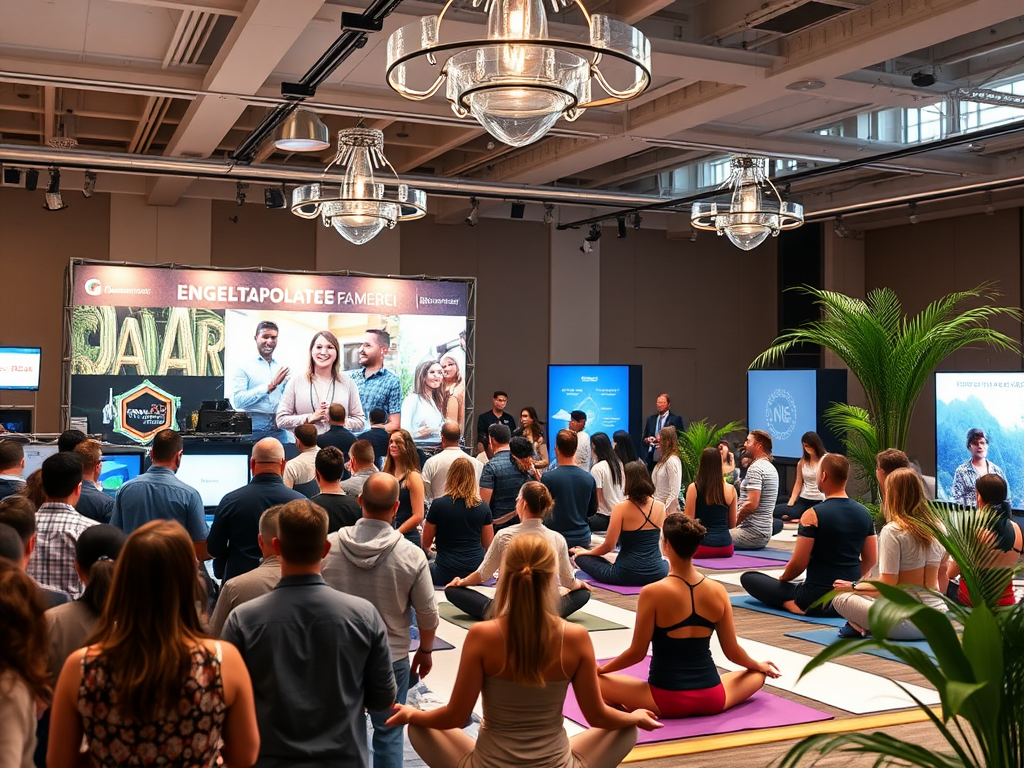 Een levendige conferentie met ondernemers en yogabeoefenaars.