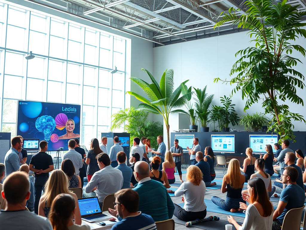 Een levendige conferentie met ondernemers en technologie.