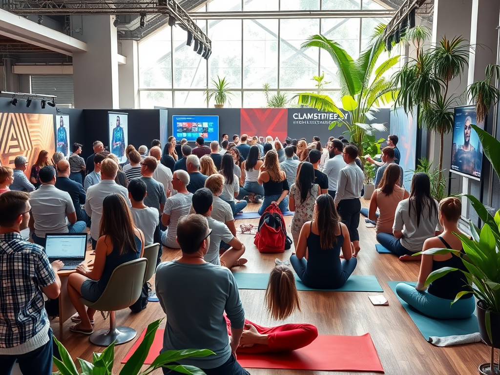 Een levendige conferentie met ondernemers en yogabeoefenaars.