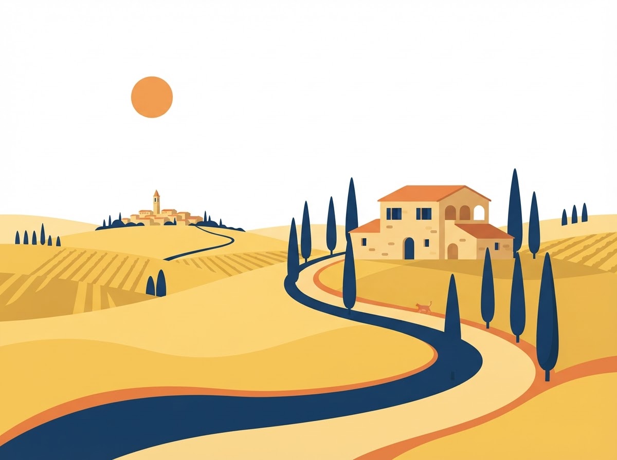 Illustratie van een Toscaans landschap met slingerweg en cipressen