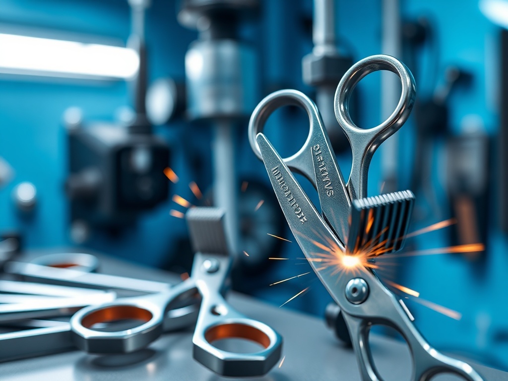 "A sleek, modern sharpening workshop for pet grooming tools. Close-up of shiny scissors and clipper blades, sparks of light, precise machinery, clean blue-toned ambience, professional yet friendly."
