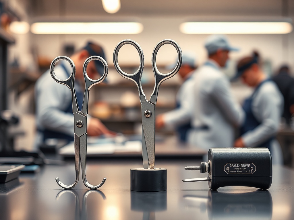 "A sleek workshop scene with three gleaming scissors and a sharpener, soft-focused background; assistants in clean uniforms, warm lighting, emphasis on precision and speed."