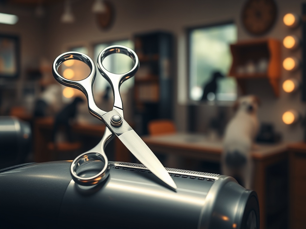 "A professional trimming salon scene with gleaming scissors and clipper blades resting on a sleek sharpening machine, warm lighting, calm dog silhouettes, meticulous workshop ambiance."