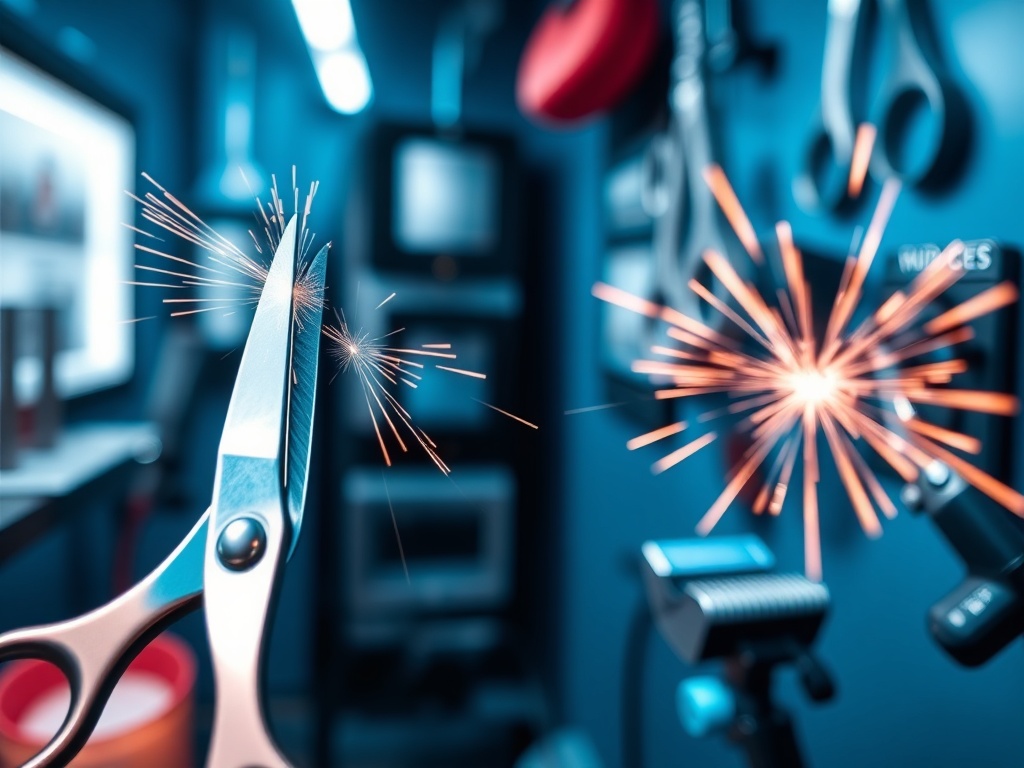 "A sleek, modern sharpening workshop for pet grooming tools. Close-up of shiny scissors and clipper blades, sparks of light, precise machinery, clean blue-toned ambience, professional yet friendly."
