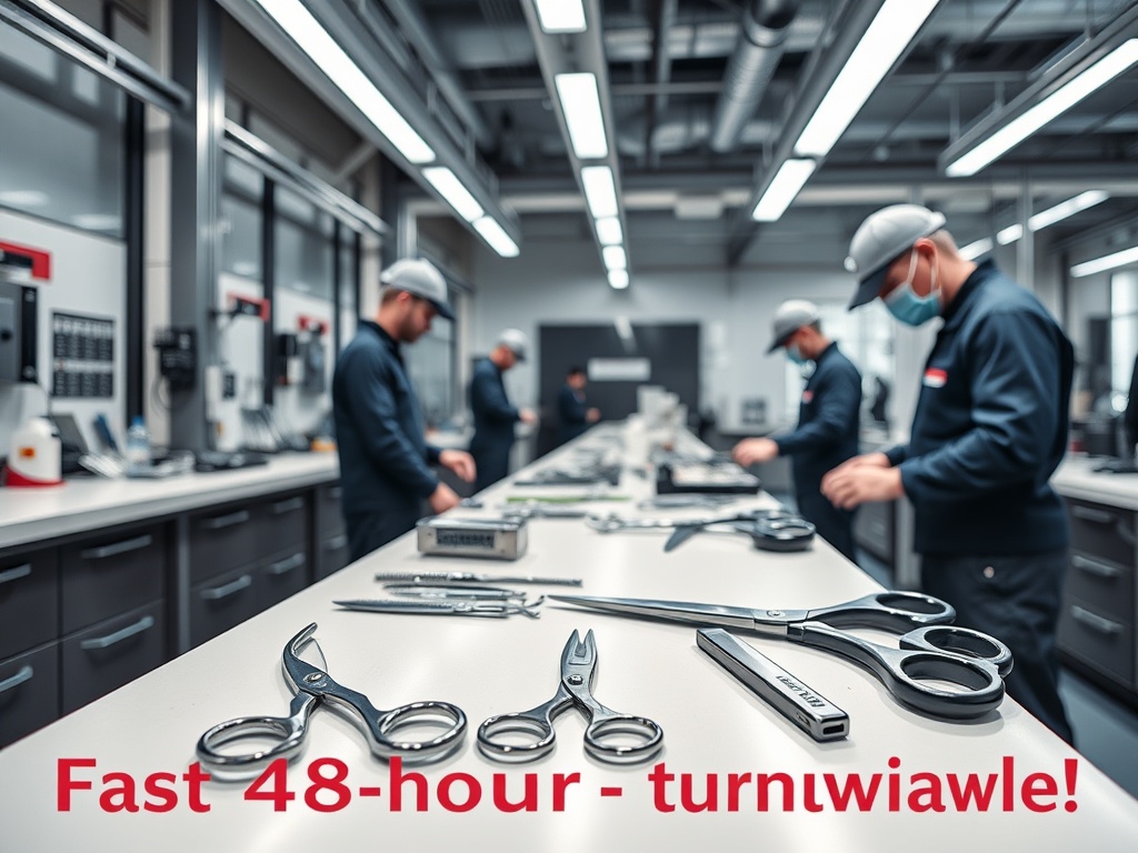 "A sleek, modern workshop with professional sharpening equipment; gleaming scissors and clipper blades on a disinfected workbench; technicians in uniforms, fast 48-hour turnarounds implied."