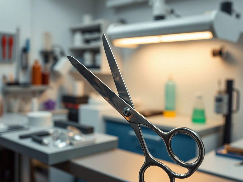 "A razor-sharp scene of gleaming scissors and a sleek tondeuse blade, in a clinical workshop with precision tools, bright lighting, and a sense of speed." You MAY only use up to 25 words.