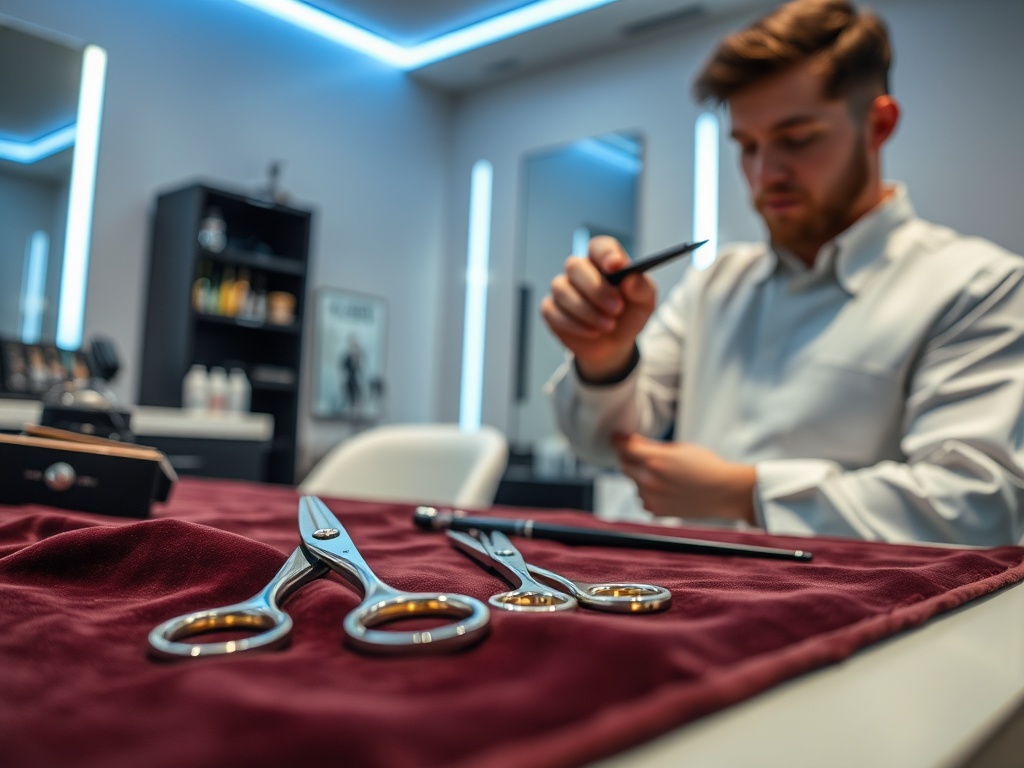 "A sleek, modern trimming salon scene with gleaming scissors and razor blades on a velvet-draped worktable, soft blue lighting, confident technician inspecting a blade."