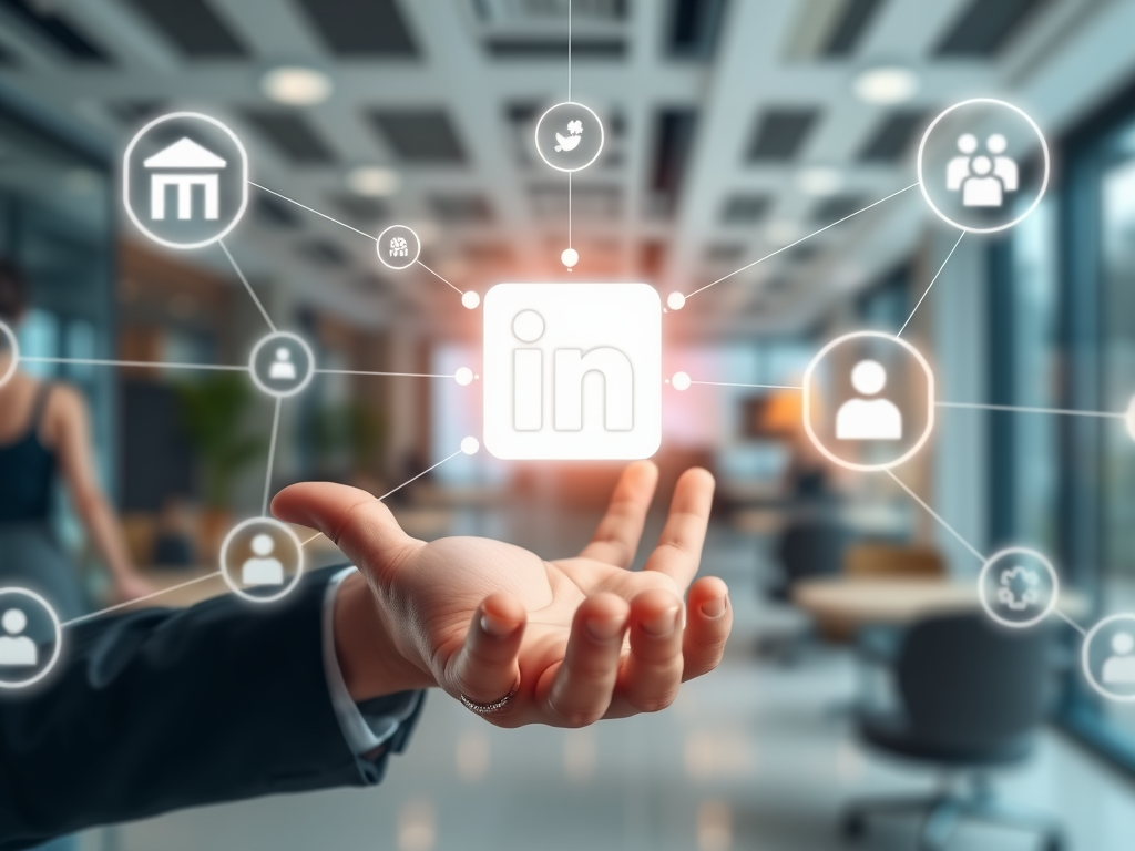 Professionele hand met netwerk- en LinkedIn-symbolen in kantooromgeving.