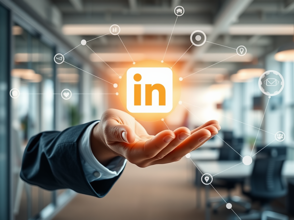 Hand die LinkedIn-pictogram vasthoudt in een moderne kantooromgeving.