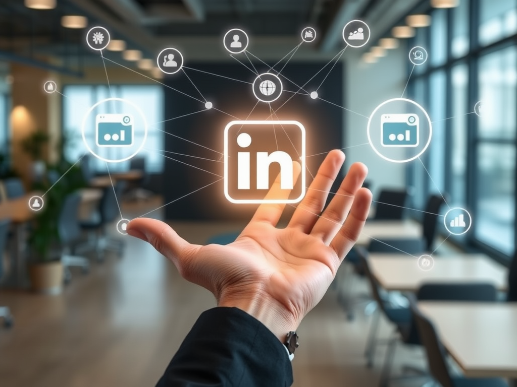 Professionele hand bereikt naar oplichtend LinkedIn-icoon met netwerk symbolen.