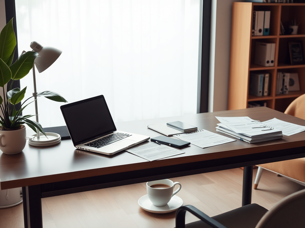 A modern office desk with a laptop, coffee cup, and documents.