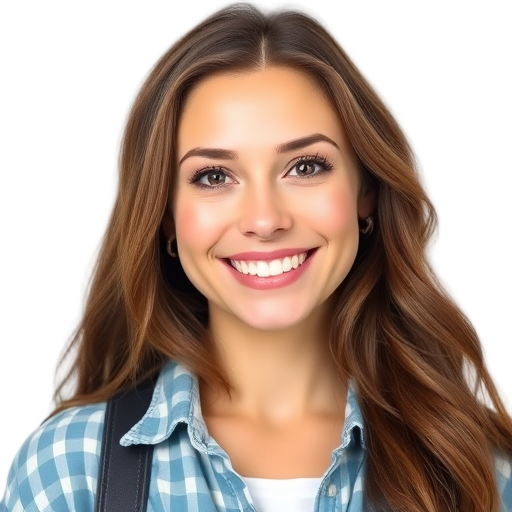 A smiling person with long hair against a white background.