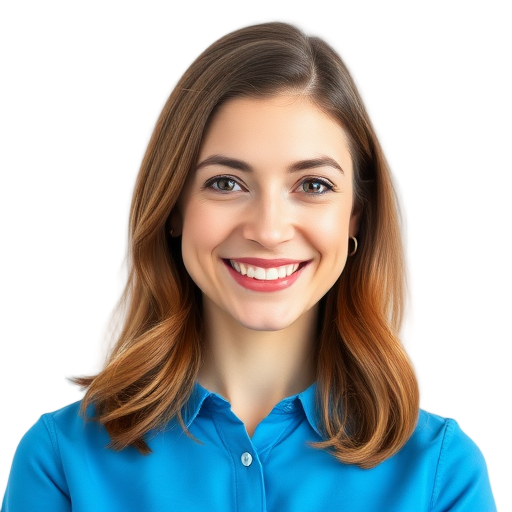 A smiling person in a blue shirt against a white background.