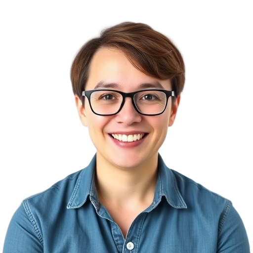 Smiling person with glasses against a white background.