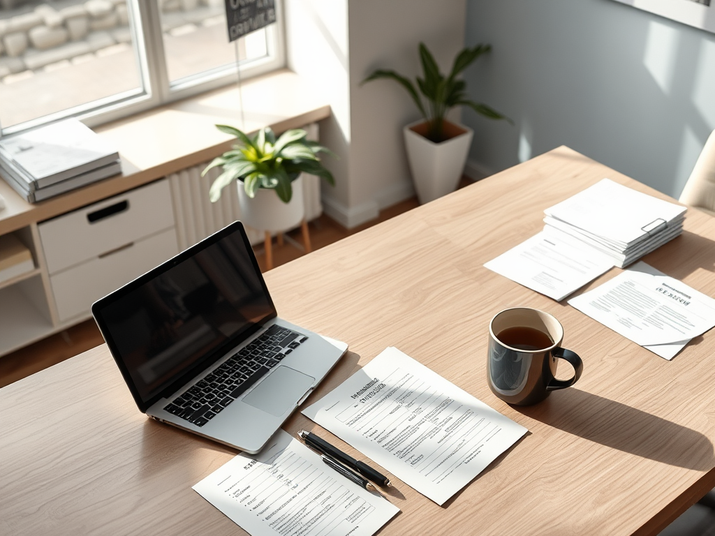 A modern office desk with a laptop, coffee cup, and documents.