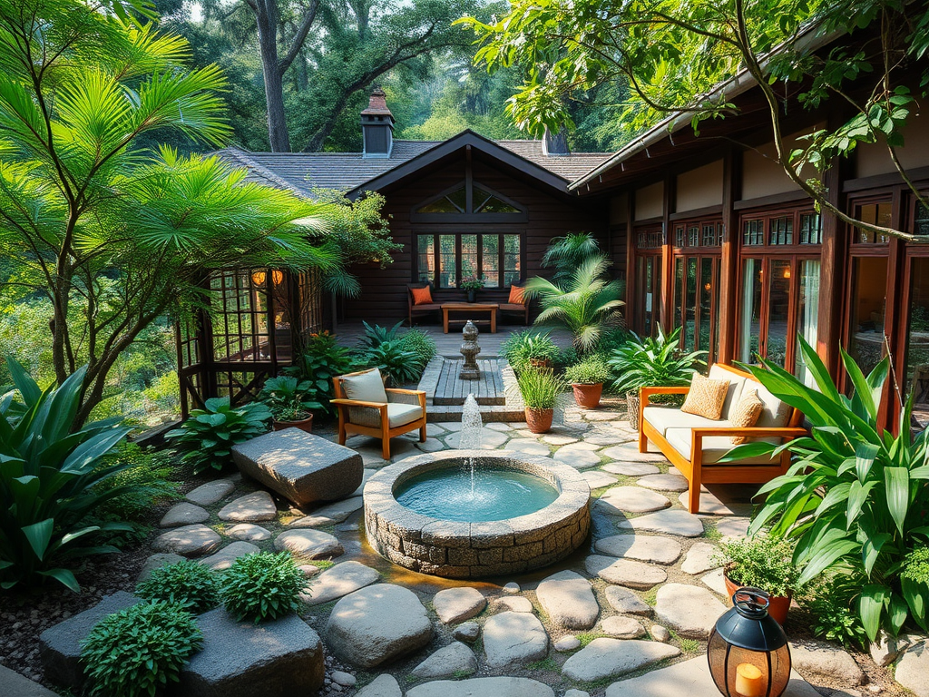 Lush garden retreat with cozy seating and water feature.