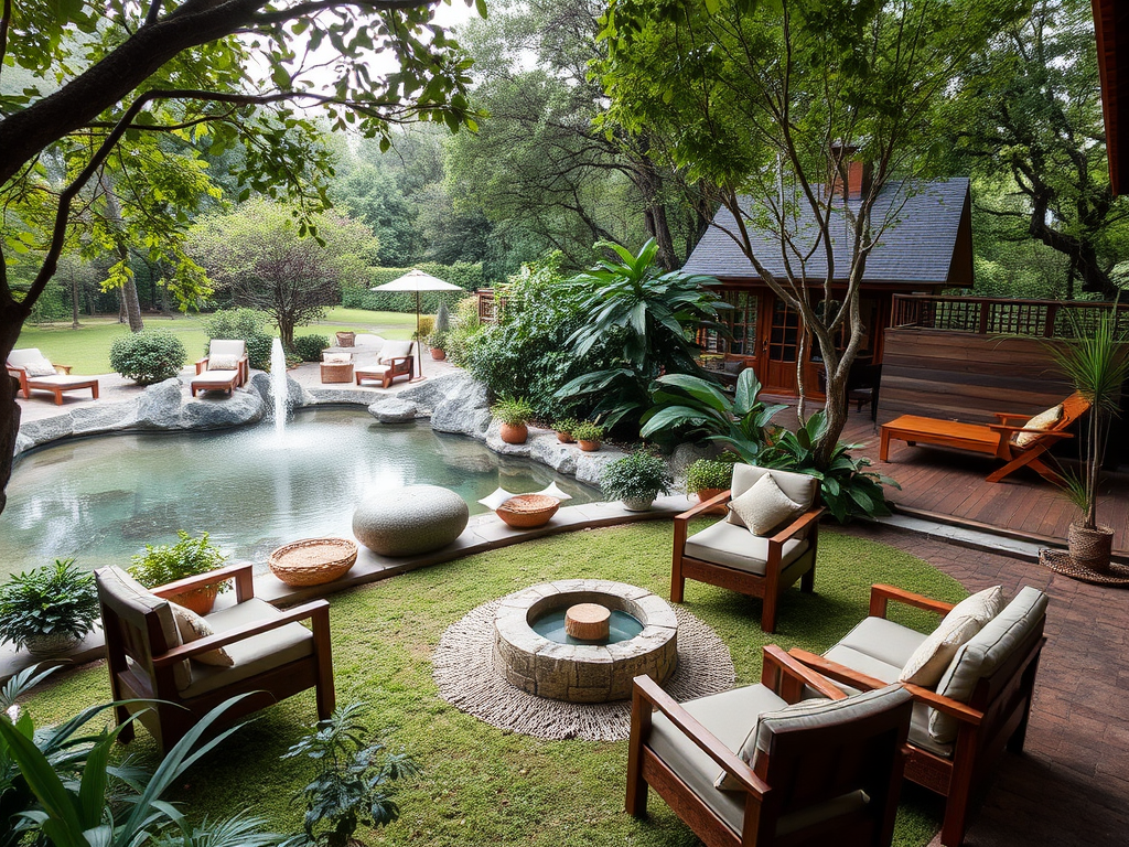 A peaceful garden retreat with seating and a pond.