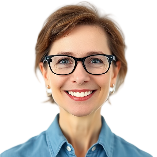 A smiling person with glasses against a white background.