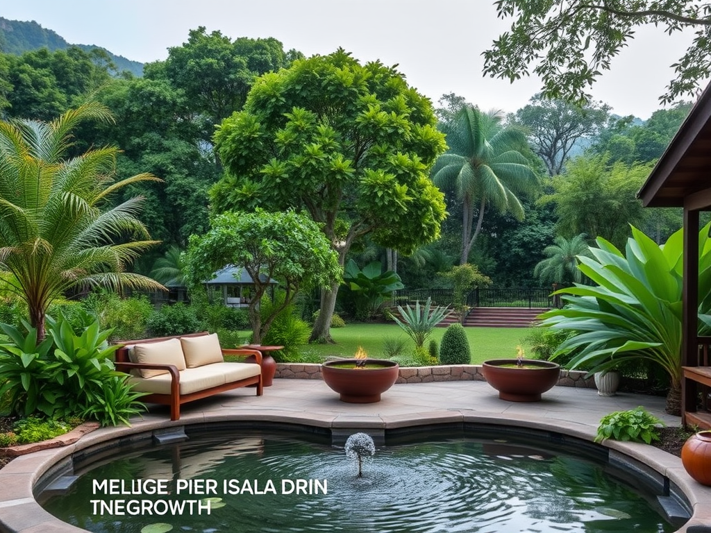 A peaceful garden with seating and a water feature.