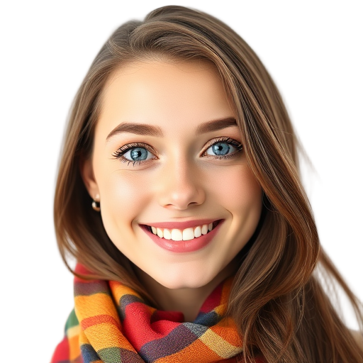 A smiling person with blue eyes and a colorful scarf.