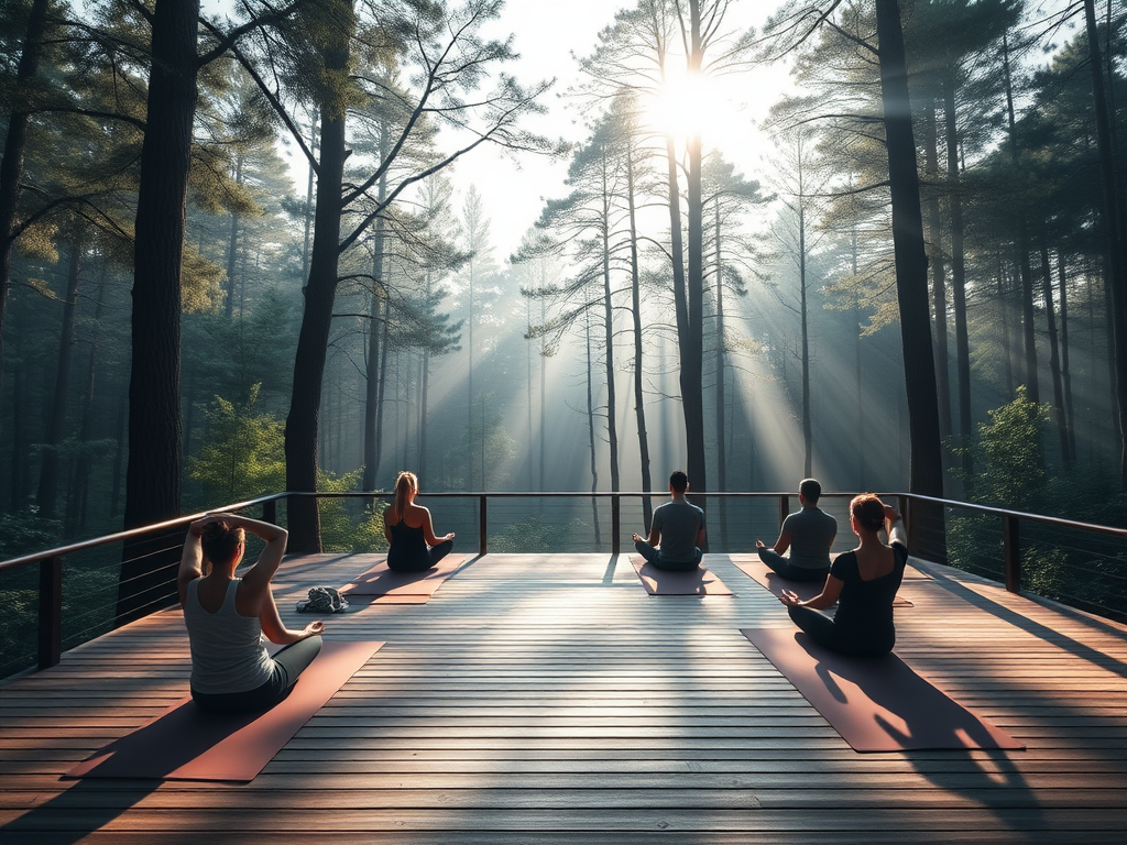 Participants meditating on yoga mats in a forest.