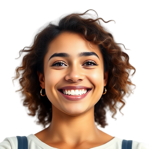 A smiling person with curly hair against a white background.