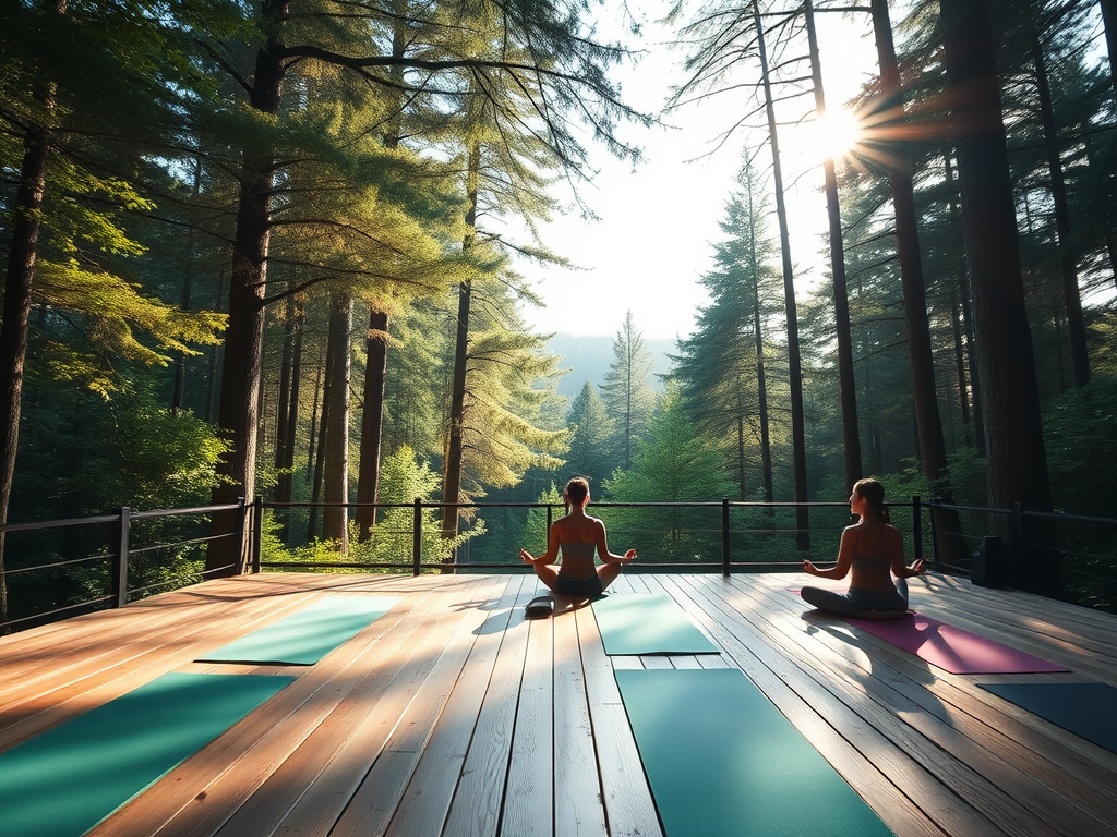 Participants meditating on yoga mats in a forest setting.