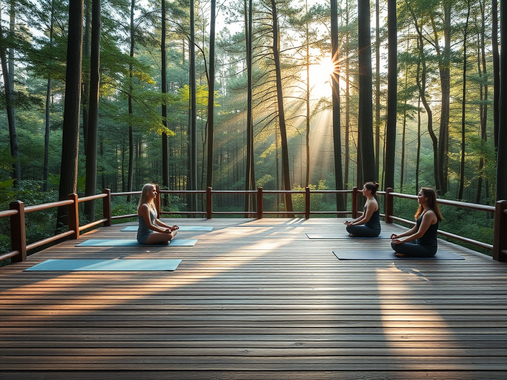 Meditators on a wooden deck in a serene forest.