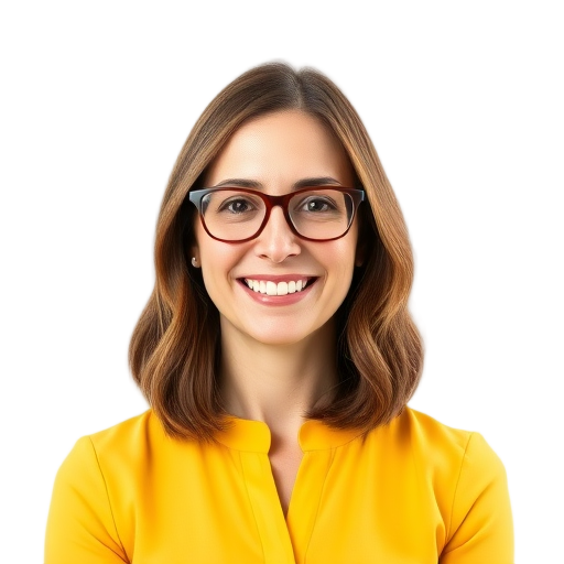 A smiling person with glasses against a white background.