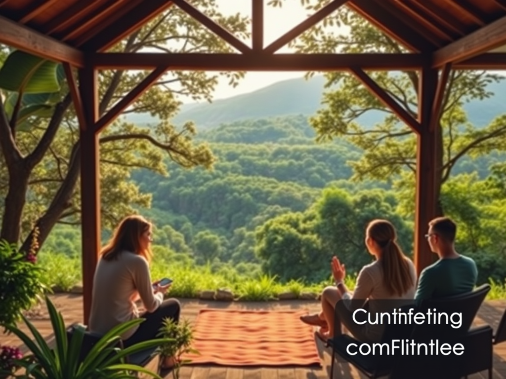 Participants in a workshop overlooking a scenic landscape.
